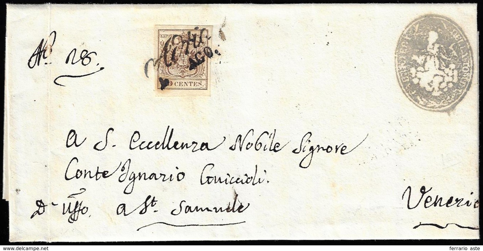 ADRIA, Cor Punti 6 - 30 Cent. Bruno, I Tiratura (7b), Perfetto, Su Lettera Del 4/8/1850 Per Venezia.... - Lombardo-Venetien