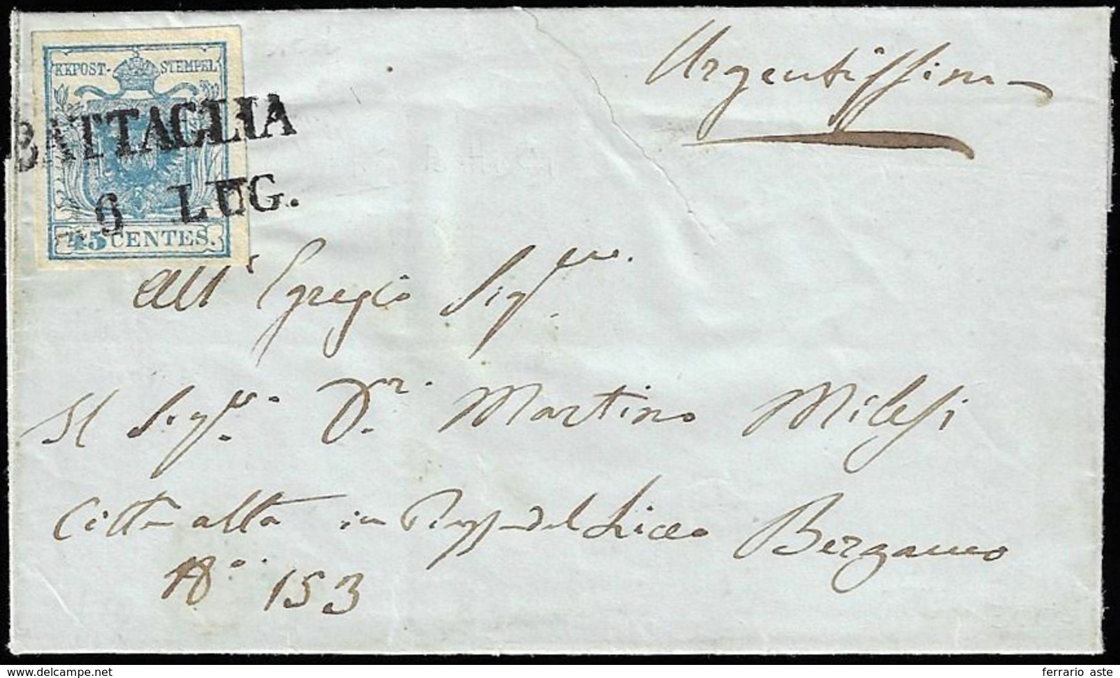 BATTAGLIA, SD  Punti 5 - 45 Cent. Azzurro Scuro, I Tipo (7d), Perfetto, Su Lettera Del 6/7/1851 Per ... - Lombardy-Venetia