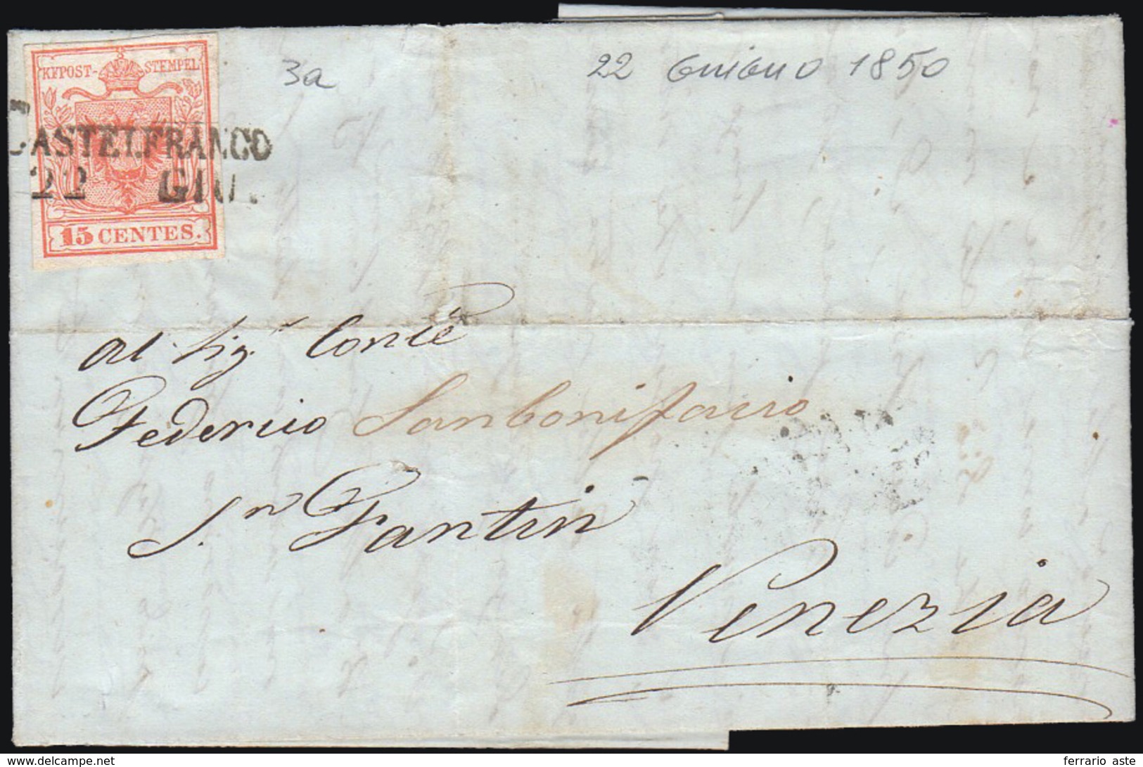 CASTELFRANCO, SD Ig Punti 10 - 15 Cent. (3a), Leggero Plì D'accordeon, Su Lettera Del 22/6/1850, Pri... - Lombardo-Venetien