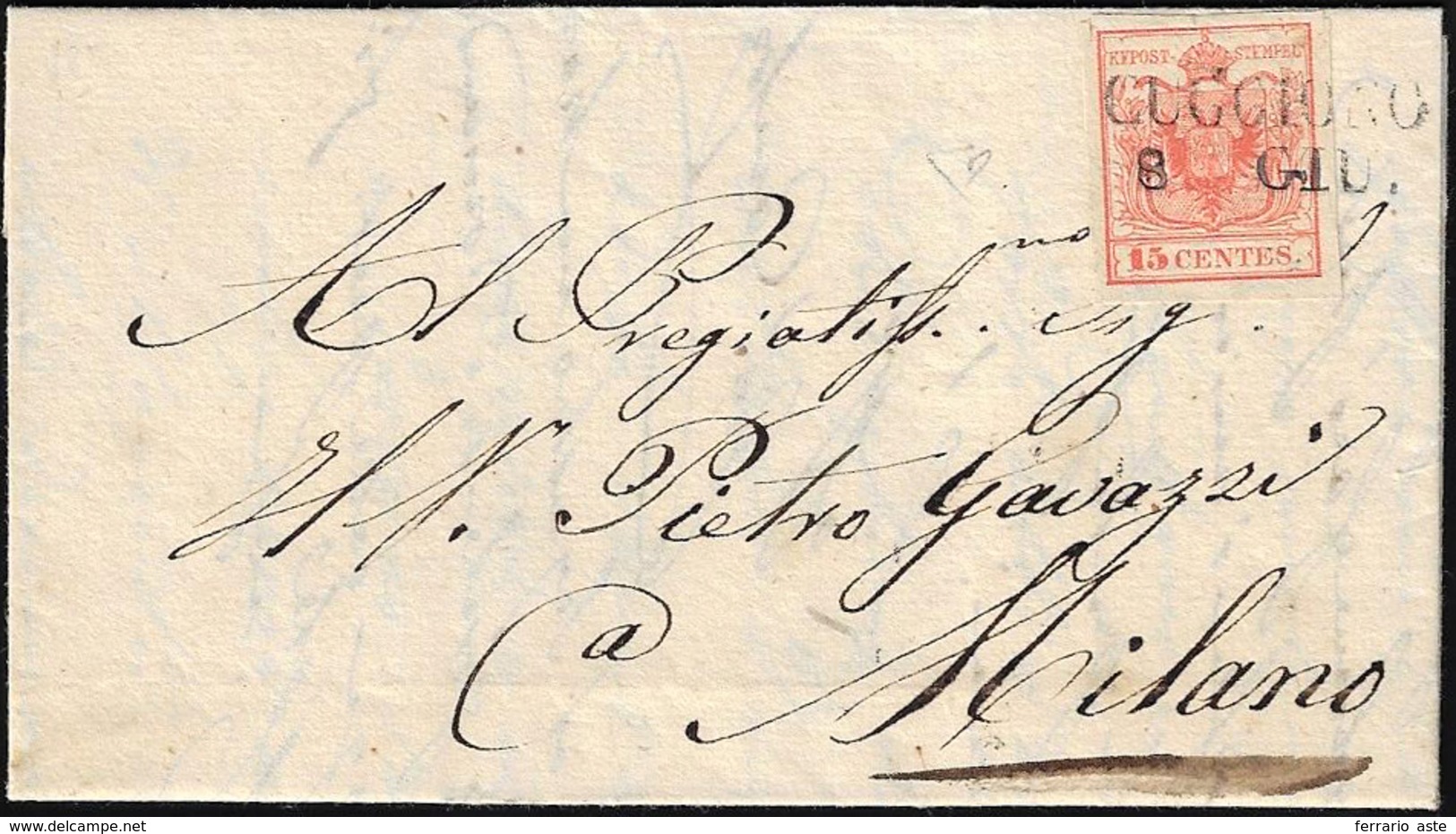 CUGGIONO, SD Punti 8 - 15 Cent. (3a), Perfetto, Su Lettera Dell'8/6/1850, Primo Mese D'uso, A Milano... - Lombardo-Venetien