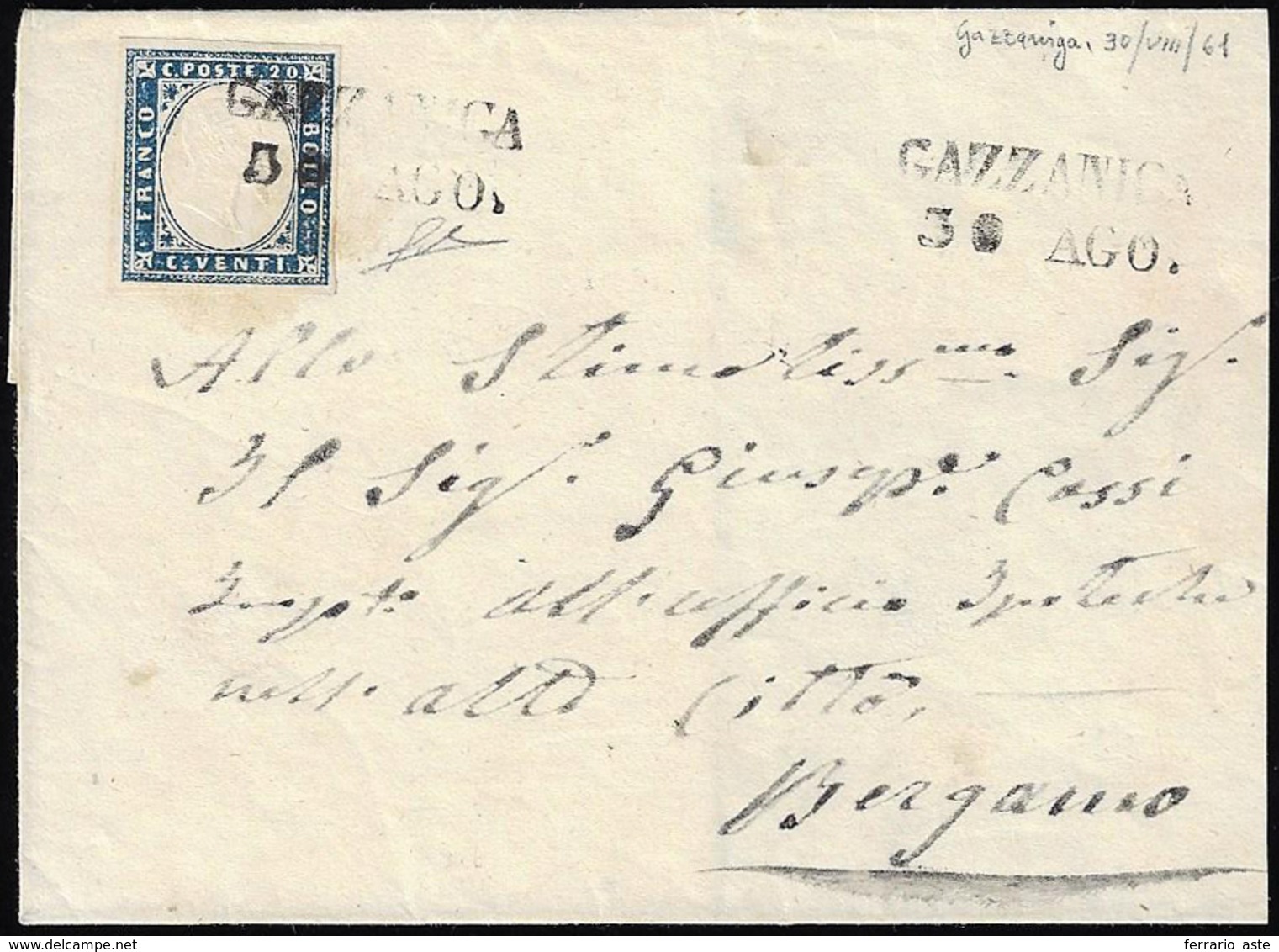 GAZZANIGA, SD Punti 10 - 20 Cent. (Sardegna 15Cc), Perfetto, Su Sovracoperta Di Lettera Del 30/8/186... - Lombardo-Venetien