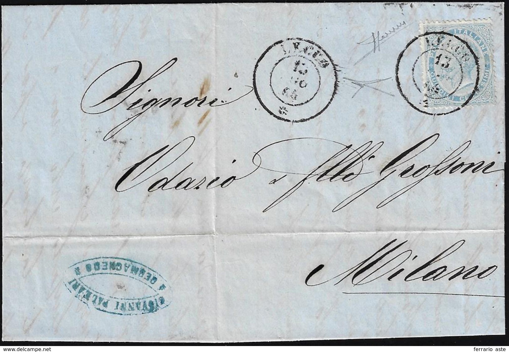 LECCO, D.c. Asterisco Non Quotato - 15 Cent. De La Rue (L18), Perfetto, Su Lettera Del 15/8/1864 Per... - Lombardo-Venetien