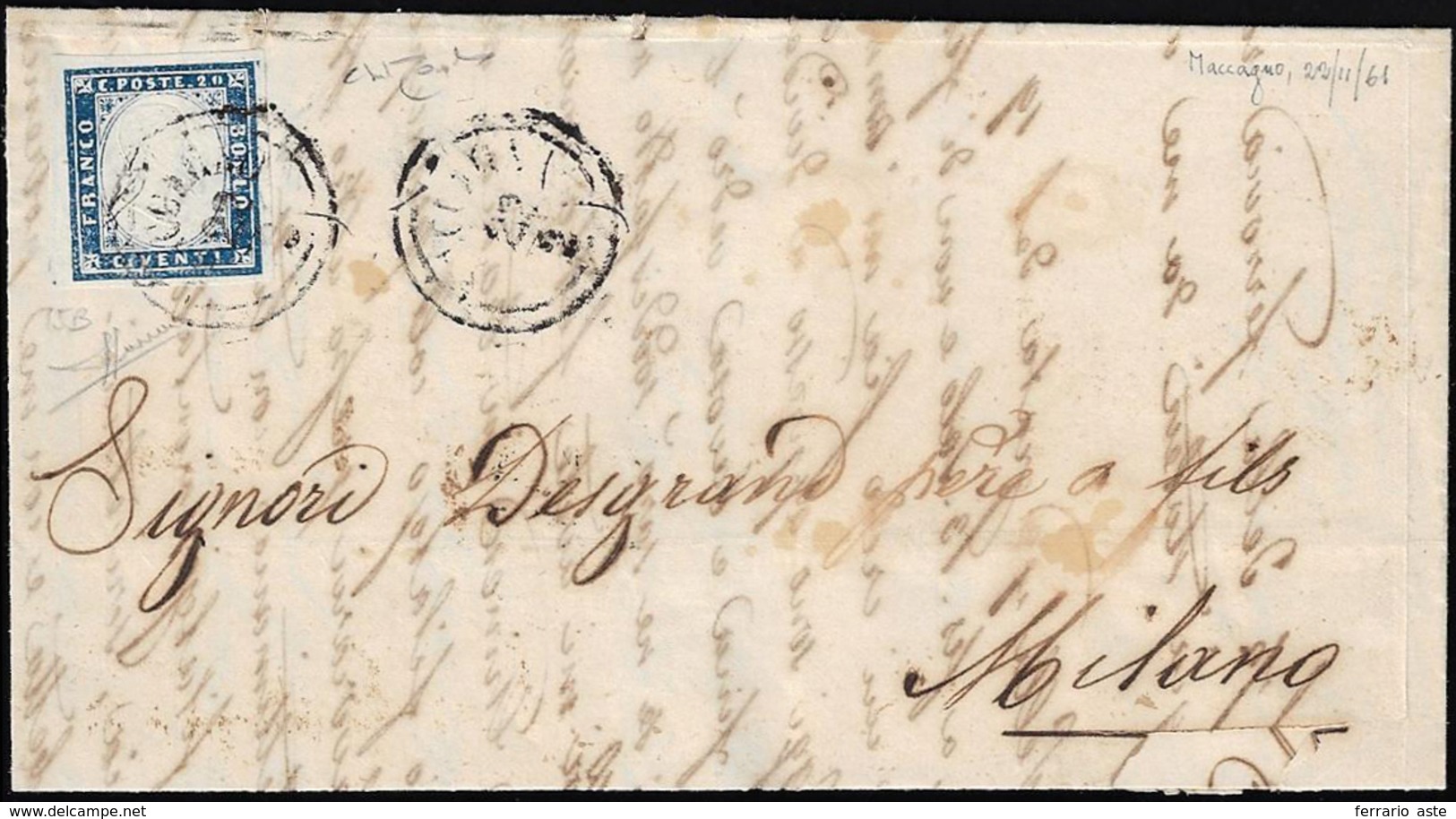 MACCAGNO, C2 Punti 11 - 20 Cent. (Sardegna 15B), Perfetto, Su Lettera Del 22/2/1861 A Milano. Raybau... - Lombardy-Venetia