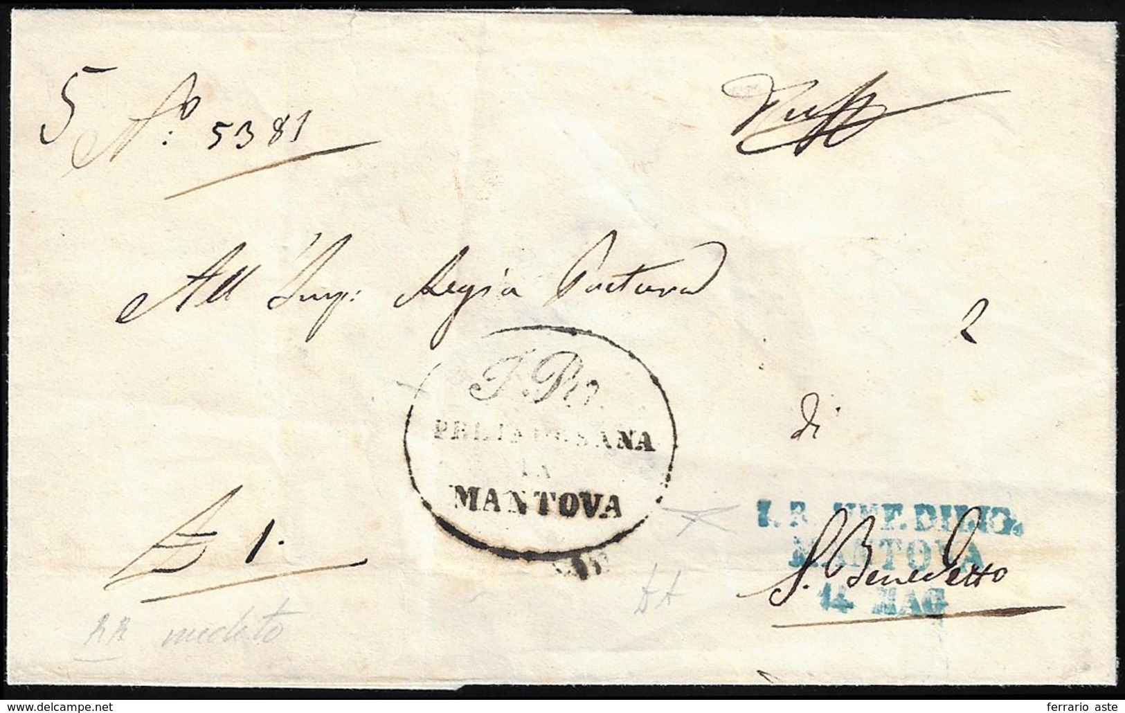 MANTOVA, I. R. UFF. DILIG. Azzurro - Sovracoperta Di Lettera In Franchigia Del 14/5/1854 Per San Ben... - Lombardy-Venetia