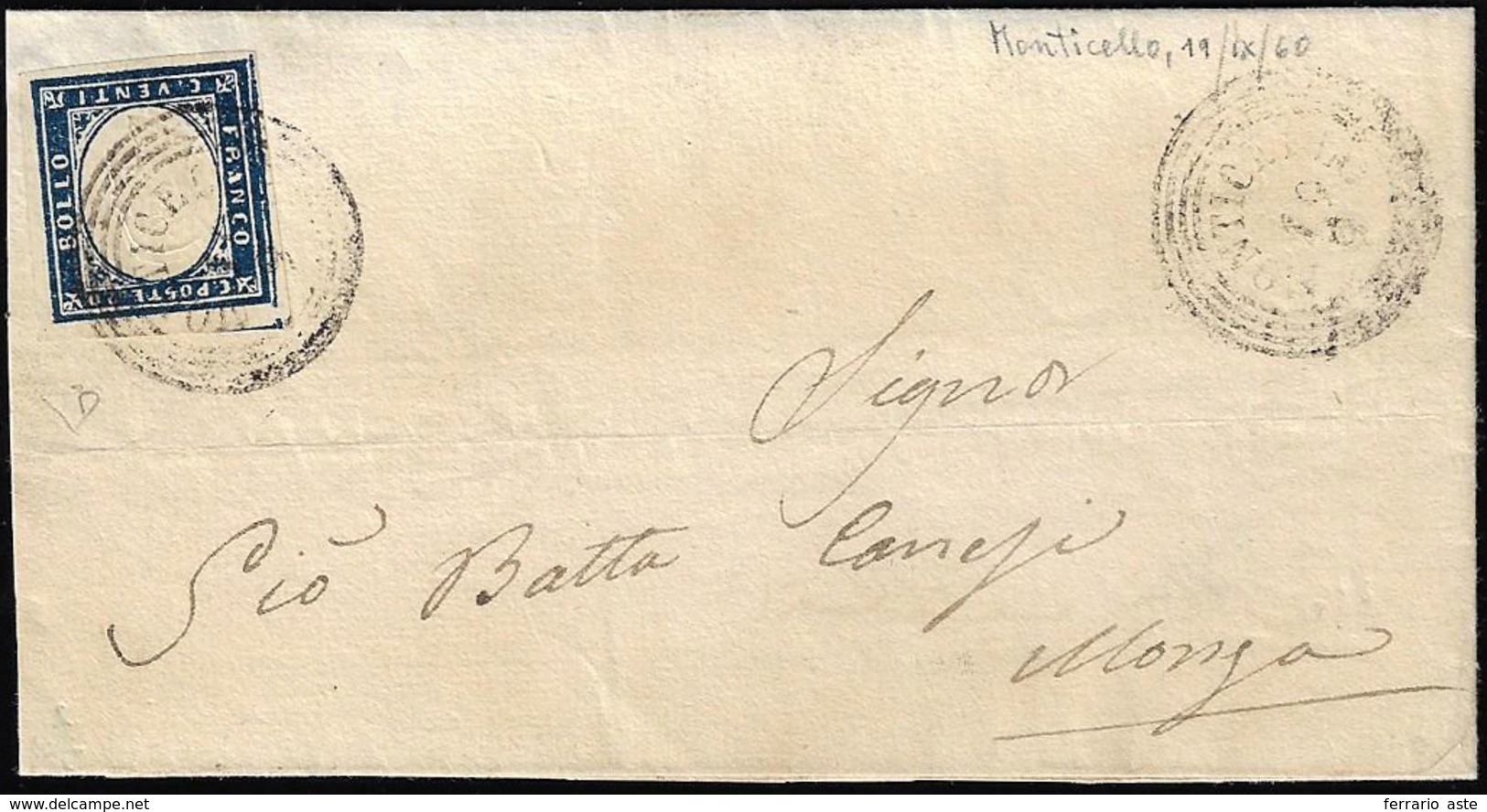 MONTICELLO, C4 Punti 8 - 20 Cent. (Sardegna 15C), Perfetto, Su Lettera Del 19/9/1860 Per Monza. E.Di... - Lombardy-Venetia
