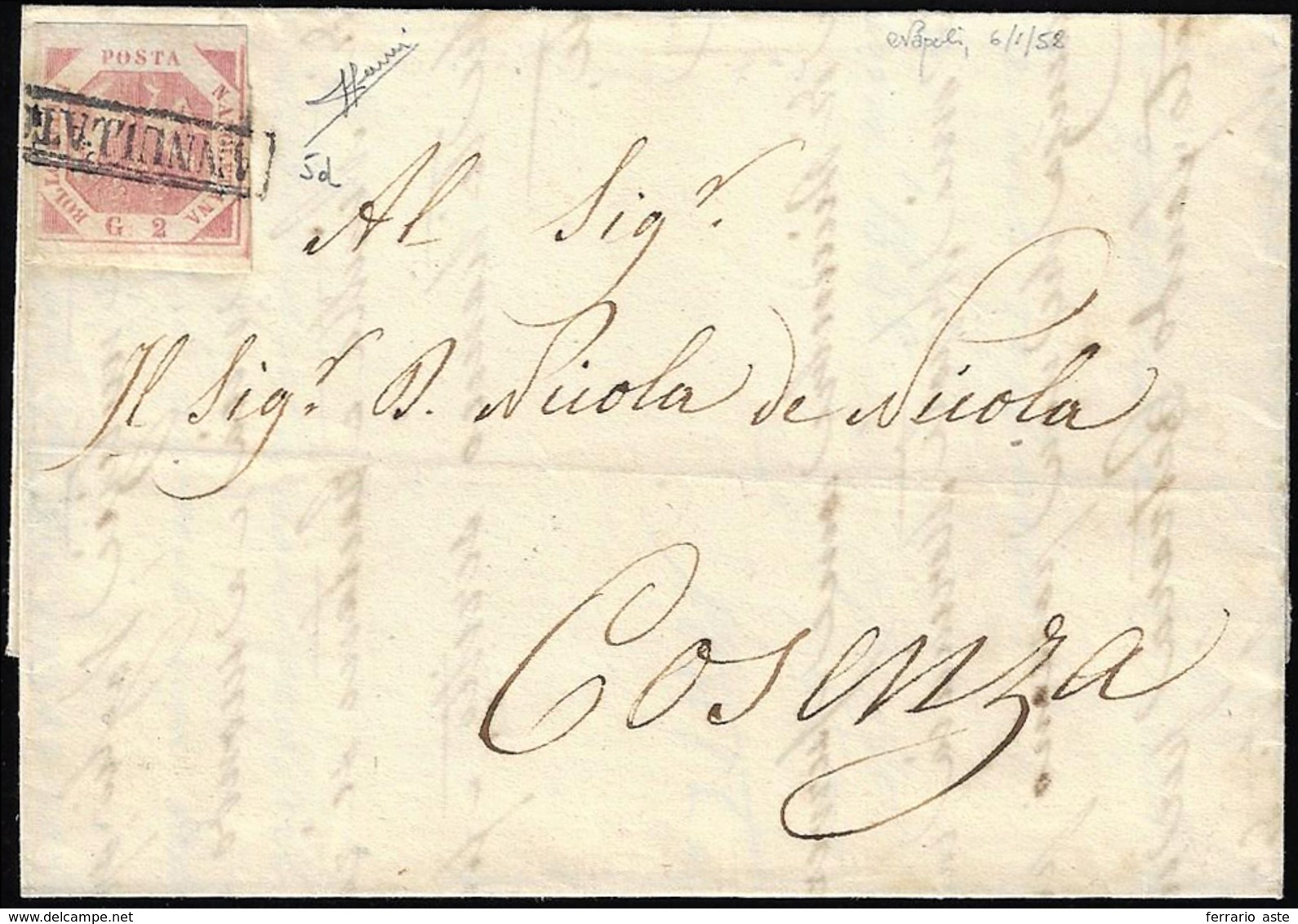 1858 - 2 Grana Rosa Carminio, I Tavola (5d), Perfetto, Su Lettera Da Napoli 6/1/1858 A Cosenza. Inte... - Napoli