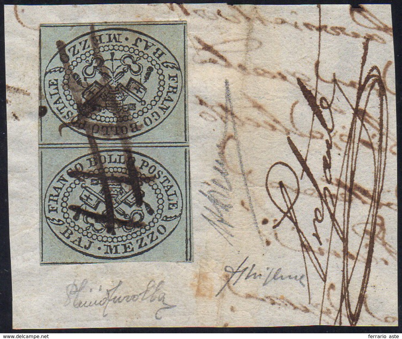 1852 - 1/2 Baj Grigio Azzurro, Coppia Verticale TETE-BECHE (1f), Perfetta, Usata Su Frammento Con An... - Kirchenstaaten