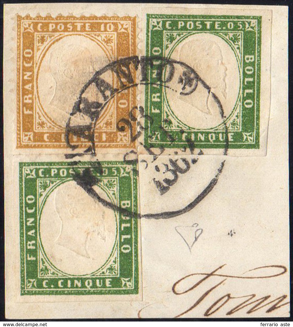 1862 - 10 Cent. Bistro Giallo (1), In Affrancatura Mista Con 5 Cent. Verde IV Di Sardegna (13Ea), Pe... - Autres & Non Classés