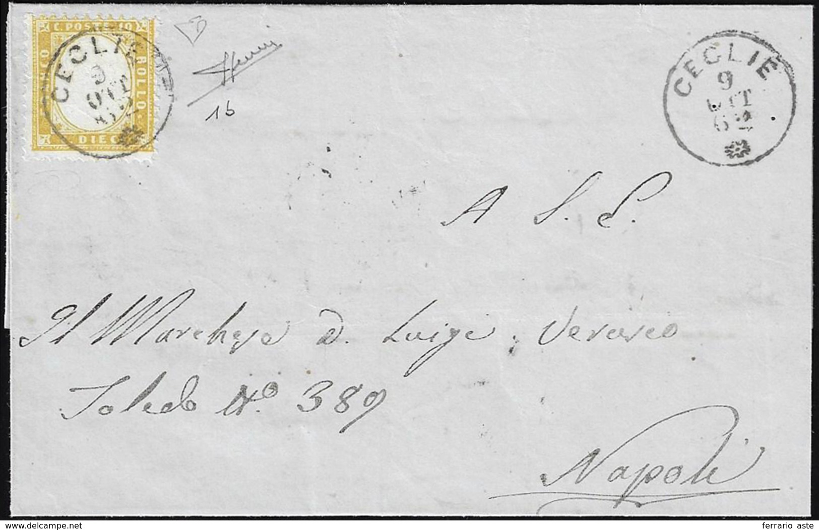 1862 - 10 Cent Oliva Chiaro (1b), Perfetto, Su Sovracoperta Di Lettera Da Ceglie 9/10/1862, Primi Gi... - Andere & Zonder Classificatie