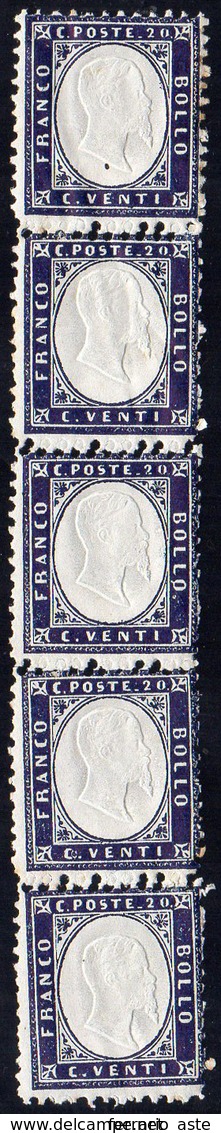 1862 - 20 Cent. Indaco, Doppia Dentellatura (2n), Striscia Verticale Di Cinque, Gomma Integra, Perfe... - Other & Unclassified