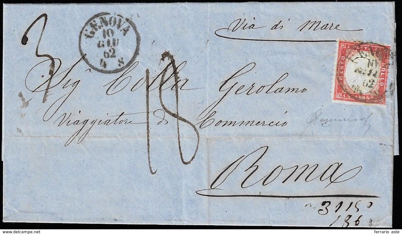 1862 - 40 Cent. Rosso Carminio, Non Dentellato In Basso (3k), Ottimo Stato, Su Lettera Via Di Mare D... - Other & Unclassified