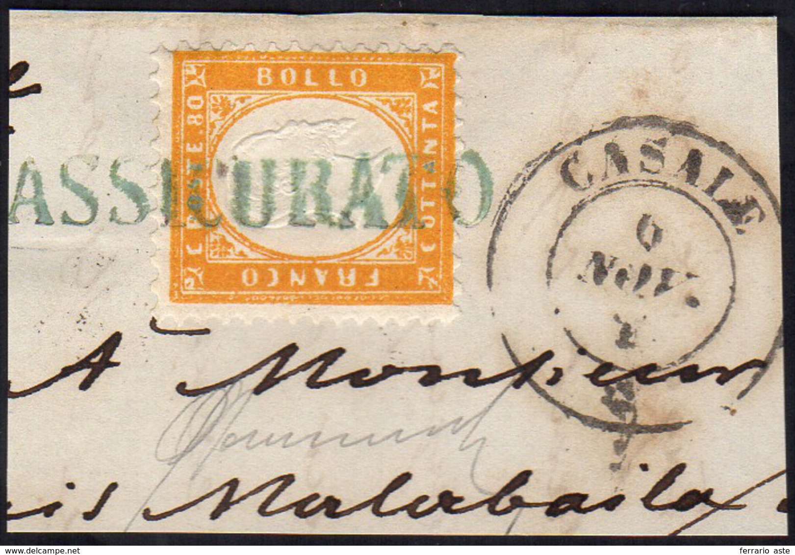 1862 - 80 Cent. Arancio (4), Perfetto, Annullato Con Il Lineare "assicurato", Su Frammento Di Letter... - Other & Unclassified