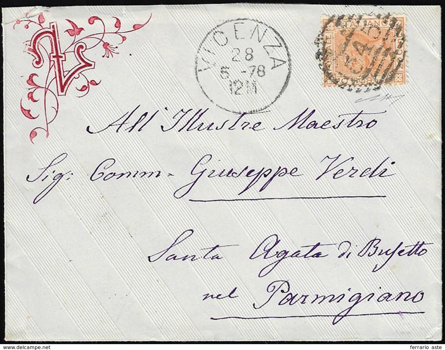 1878 - 20 Cent. Arancio (28), Perfetto, Su Busta "valentina" Decorata A Secco E A Stampa A Rilievo D... - Sonstige & Ohne Zuordnung