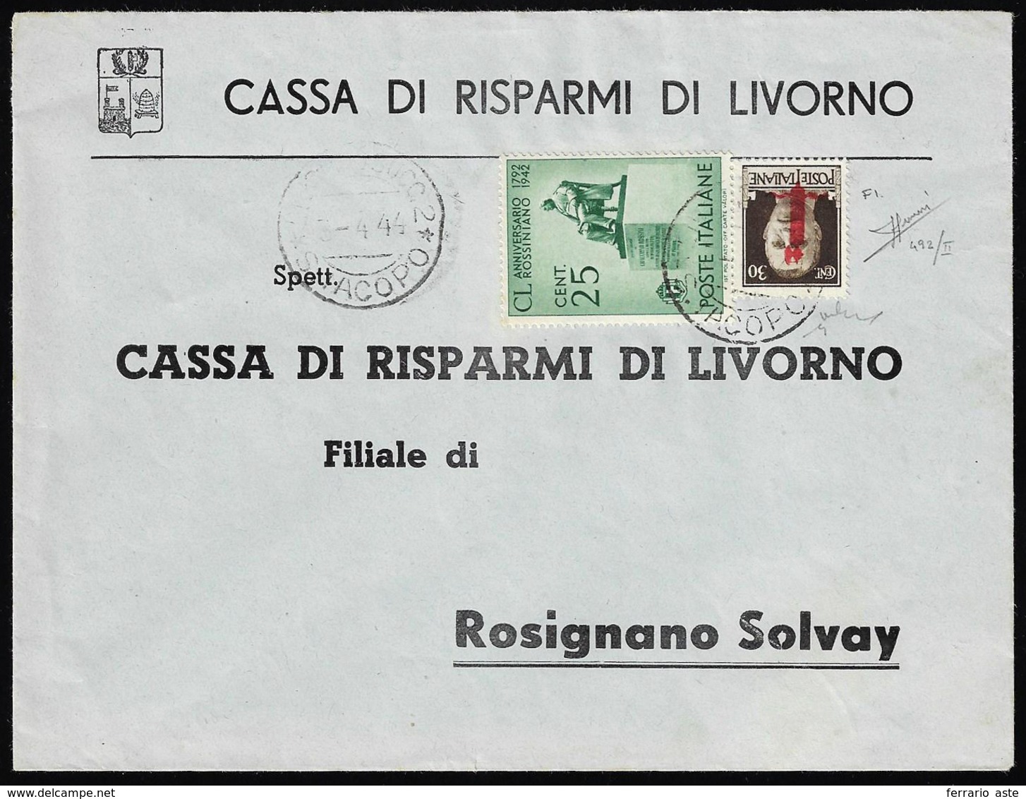 1944 - 30 Cent. Soprastampato Fascio, Tiratura Di Firenze, II Tavola, 25 Cent. Rossini (492/II,466),... - Sonstige & Ohne Zuordnung