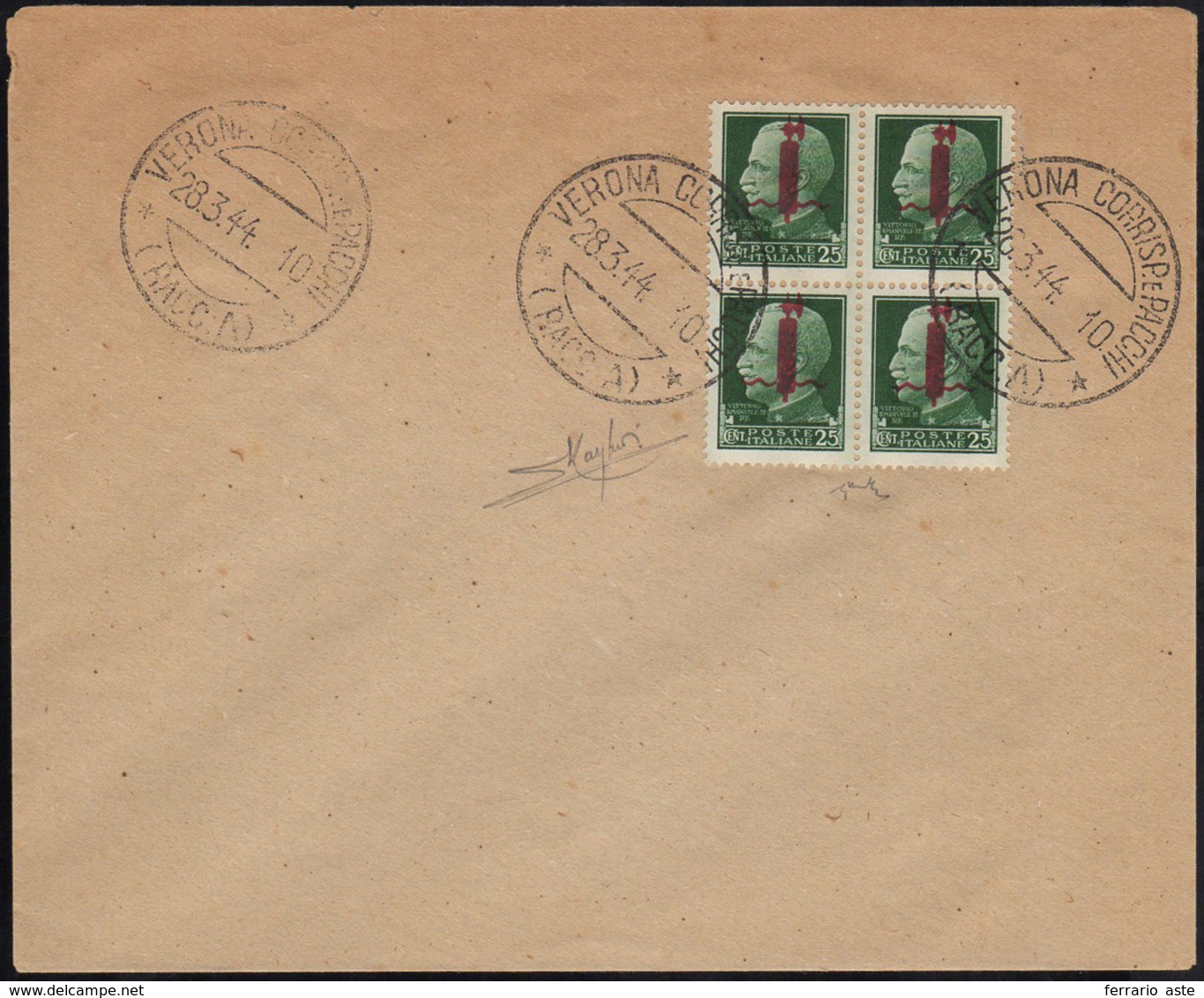 1944 - 25 Cent. Soprastampa Fascio In Rosso (490), Splendido E Perfetto Blocco Di Quattro, Usato A V... - Other & Unclassified