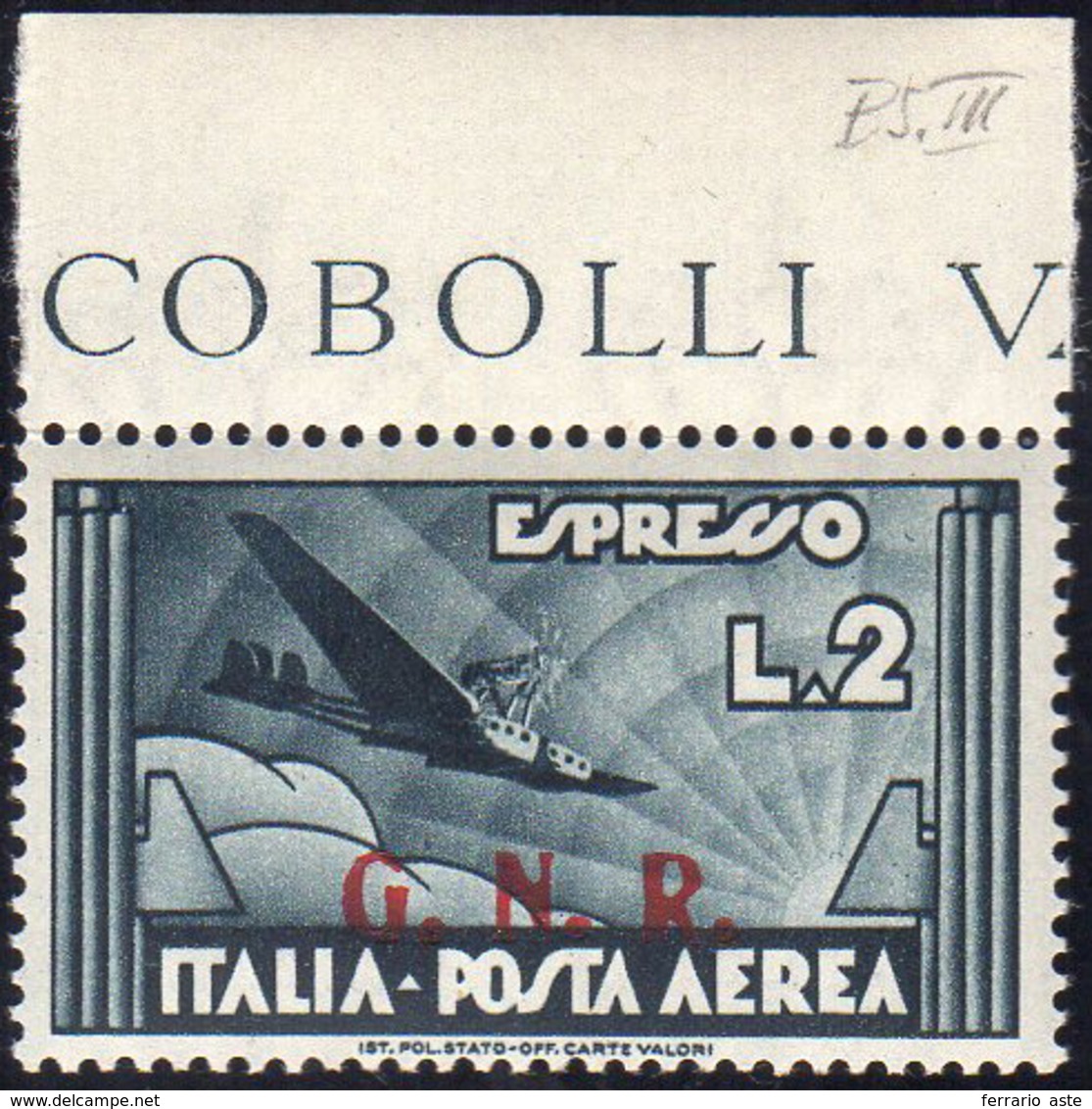 1943 - 2 Lire Ardesia, Soprastampa G.N.R. Di Brescia, III Tipo (125/III), Bordo Di Foglio, Gomma Int... - Sonstige & Ohne Zuordnung