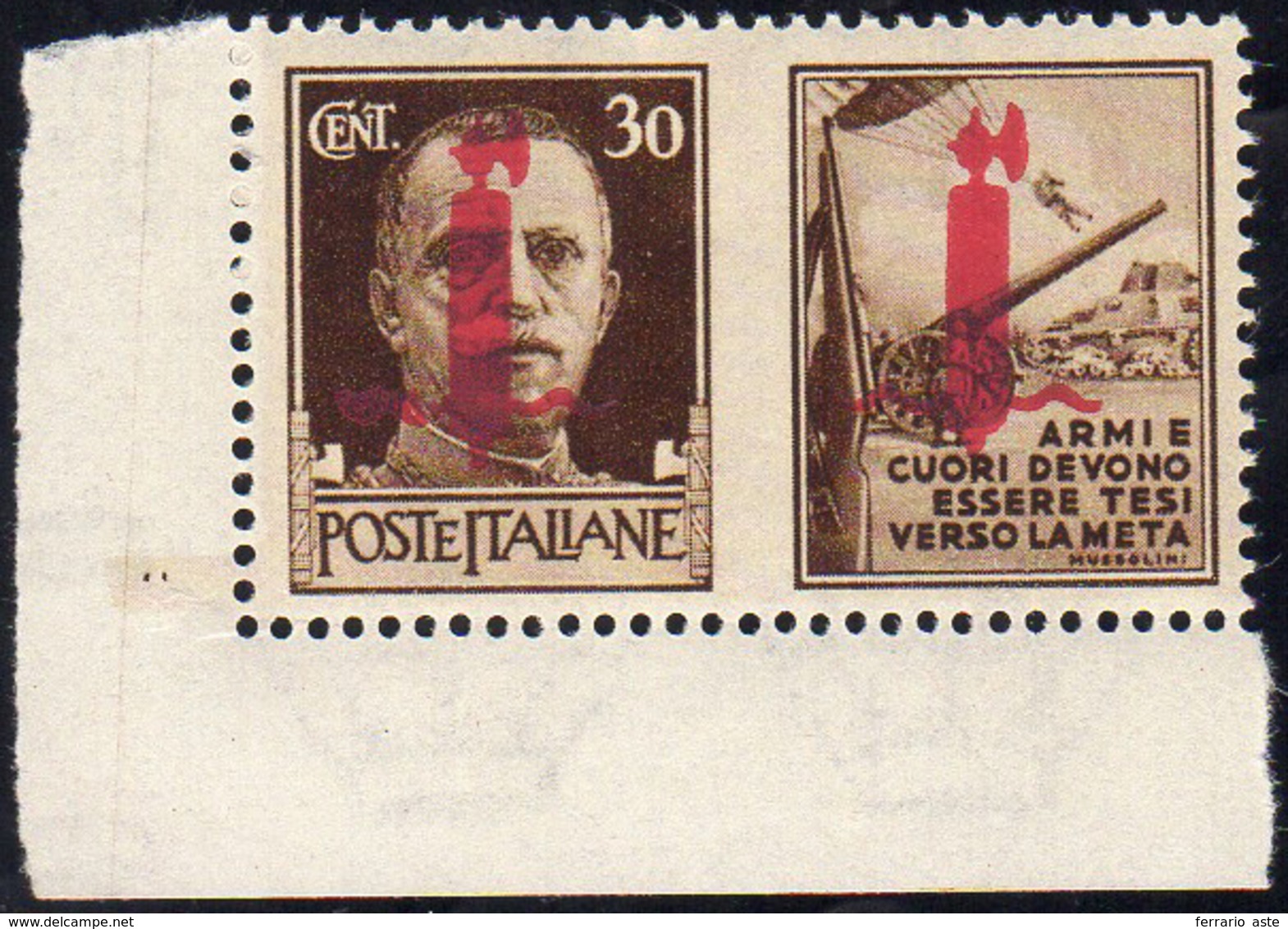 1944 - 30 Cent. Esercito, Soprastampa Carminio Lillaceo Di Firenze, Nastro Di Sinistra Spezzato (42d... - Other & Unclassified