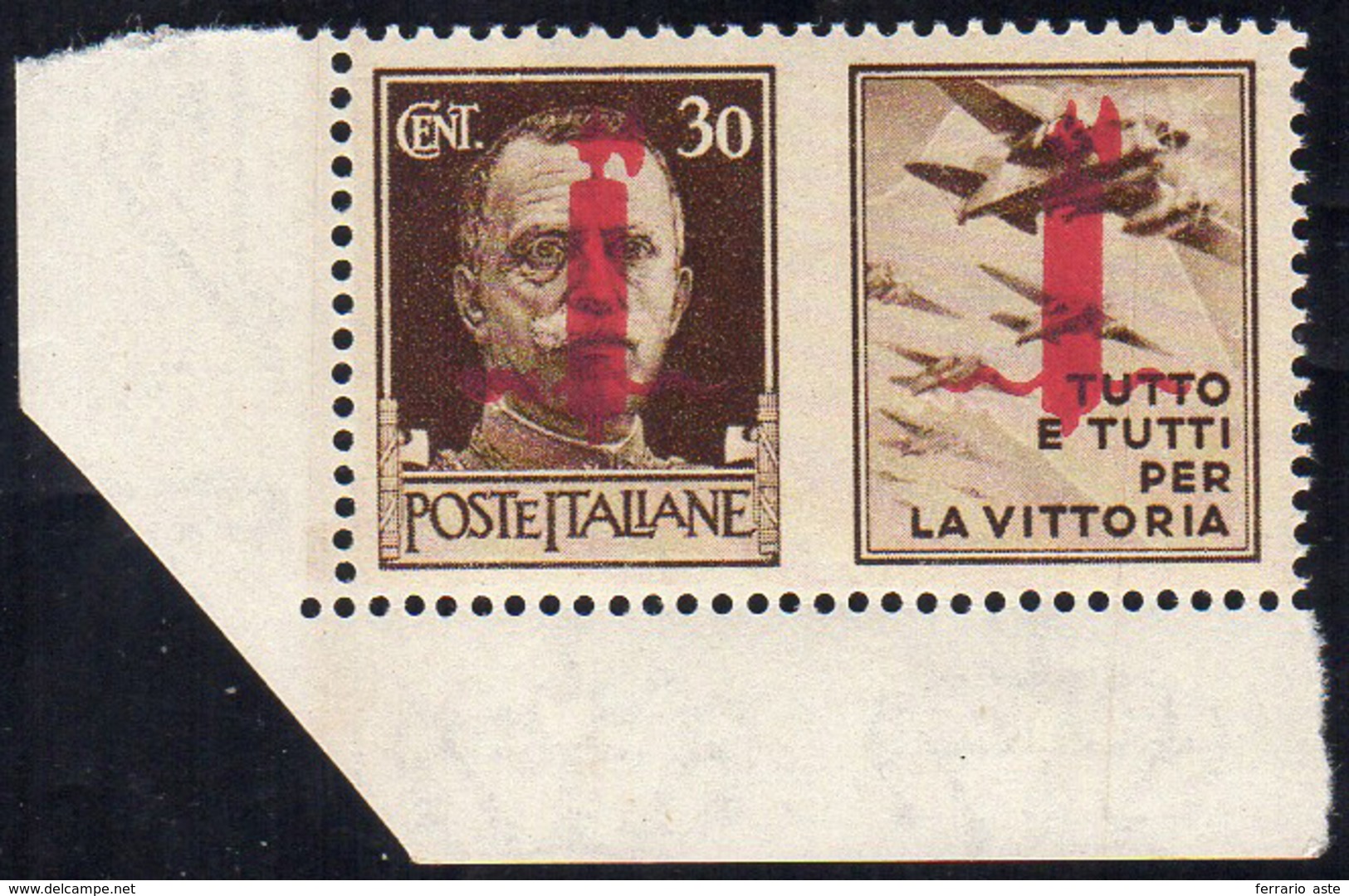 1944 - 30 Cent. Aeronautica, Soprastampa Carminio Lillaceo Di Firenze, Nastro Di Sinistra Spezzato (... - Sonstige & Ohne Zuordnung