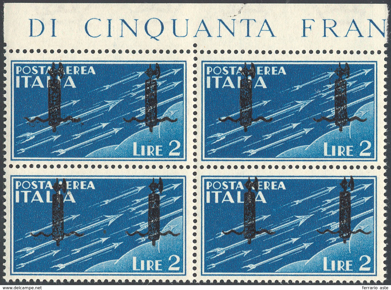 POSTA AEREA 1944 -  2 Lire Azzurro, Soprastampa Ripetuta 2 Volte (P15A), Blocco Di Quattro, Bordo Di... - Other & Unclassified