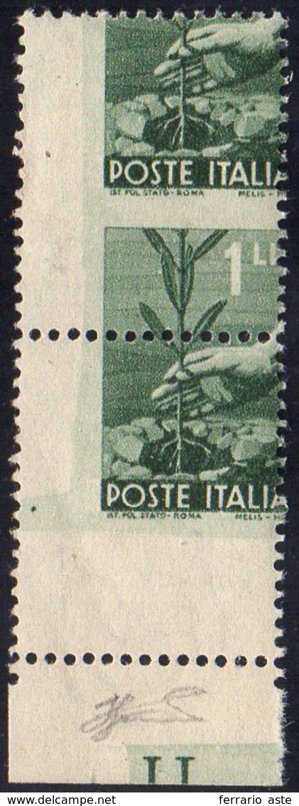 1945 - 1 Lira Democratica, Coppia Verticale Bordo Di Foglio Inferiore, Dentellatura Fortemente Spost... - Other & Unclassified
