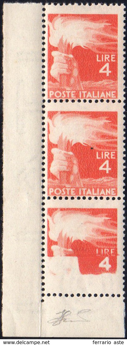 1946 - 4 Lire Democratica, Striscia Di Tre Con L'ultimo Esemplare Con Stampa Parziale, Angolo Di Fog... - Sonstige & Ohne Zuordnung