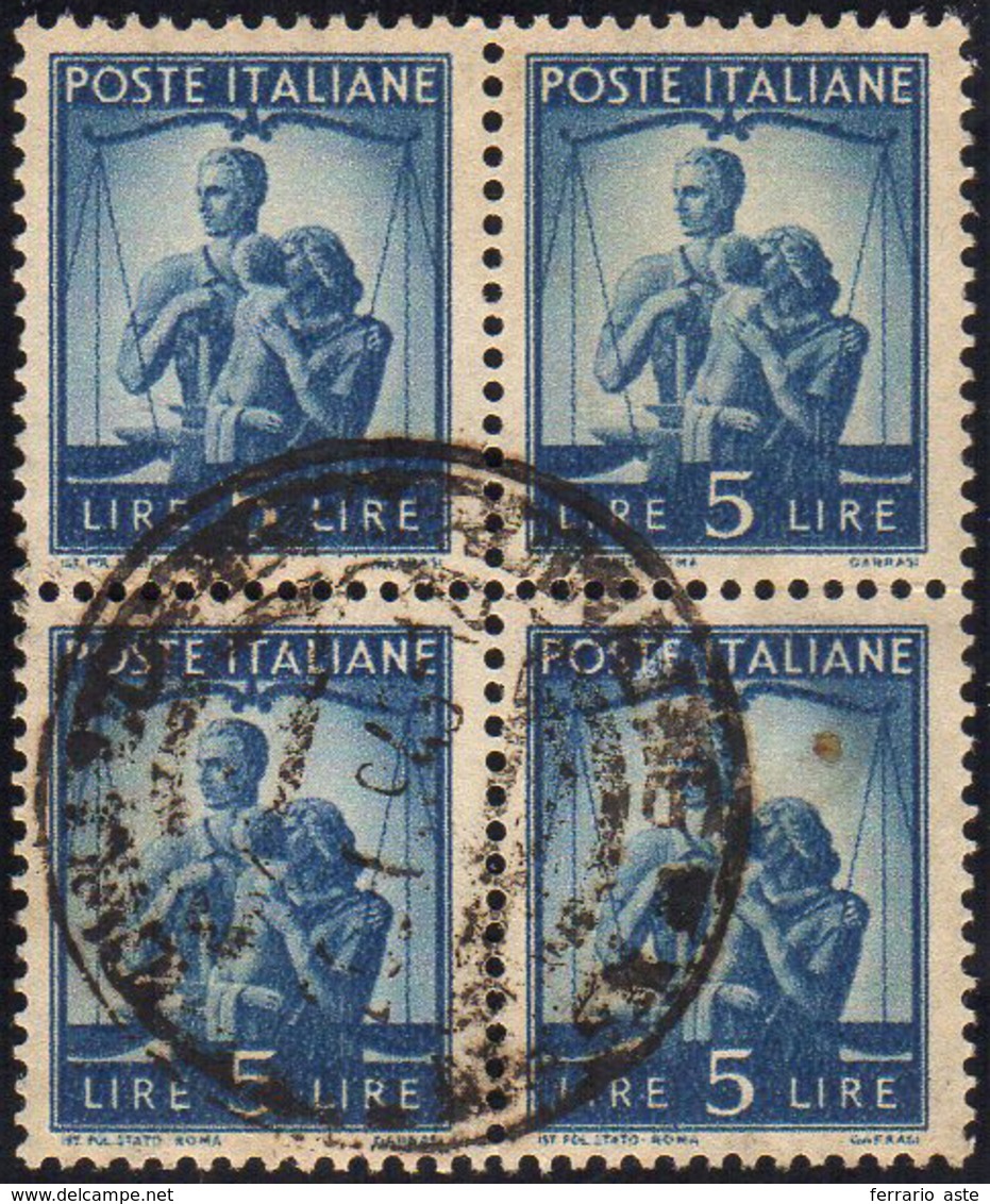 1945 - 5 Lire Democratica, Pos. ND (Sass. Spec. 13 ND, € 640), Blocco Di Quattro, Usato, Perfetto.... - Sonstige & Ohne Zuordnung