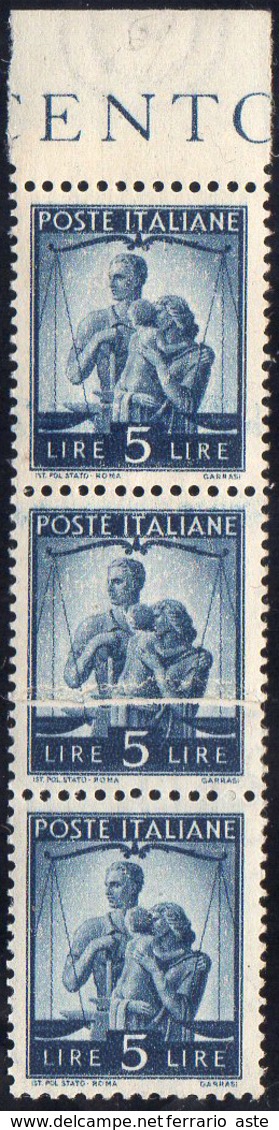 1945 - 5 Lire Democratica, Striscia Di Tre Con I Due Esemplari Superiori Stampati Su Carta Ricongiun... - Other & Unclassified