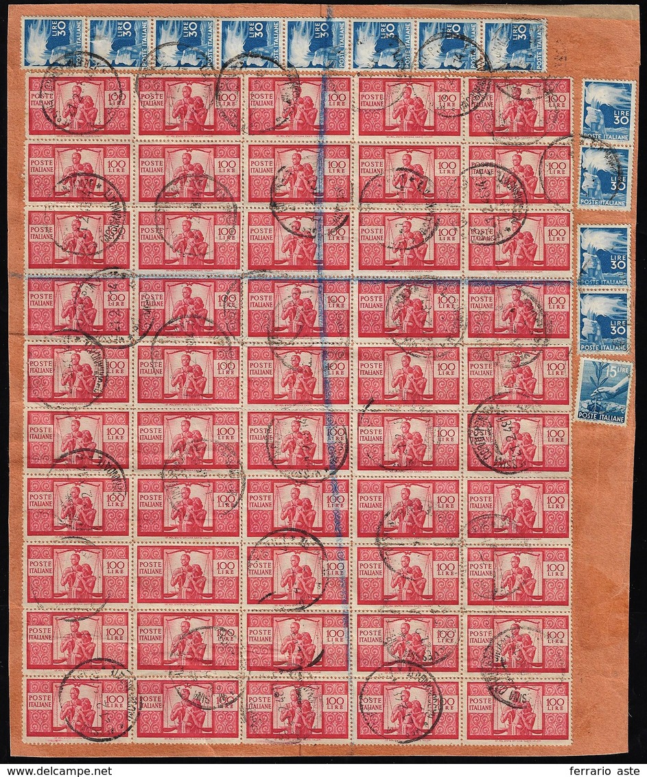 1948 - 100 Lire Democratica (565), Mezzo Foglio Di 50 Esemplari, Con Complementari, Su Grande Framme... - Sonstige & Ohne Zuordnung