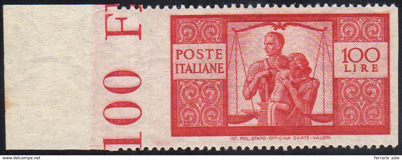 1946 - 100 Lire Democratica, Non Dentellato Verticalmente, Bordo Di Foglio (565ao), Gomma Integra, P... - Other & Unclassified