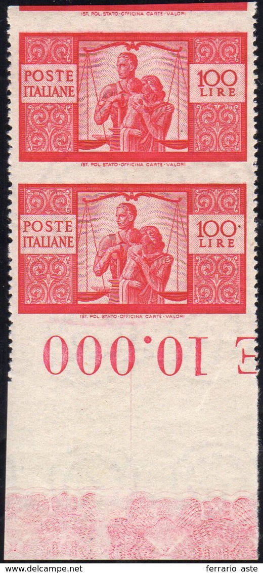 1946 - 100 Lire Carminio Vivo Democratica, Coppia Verticale Non Dentellata Orizzontalmente (565Ii), ... - Sonstige & Ohne Zuordnung