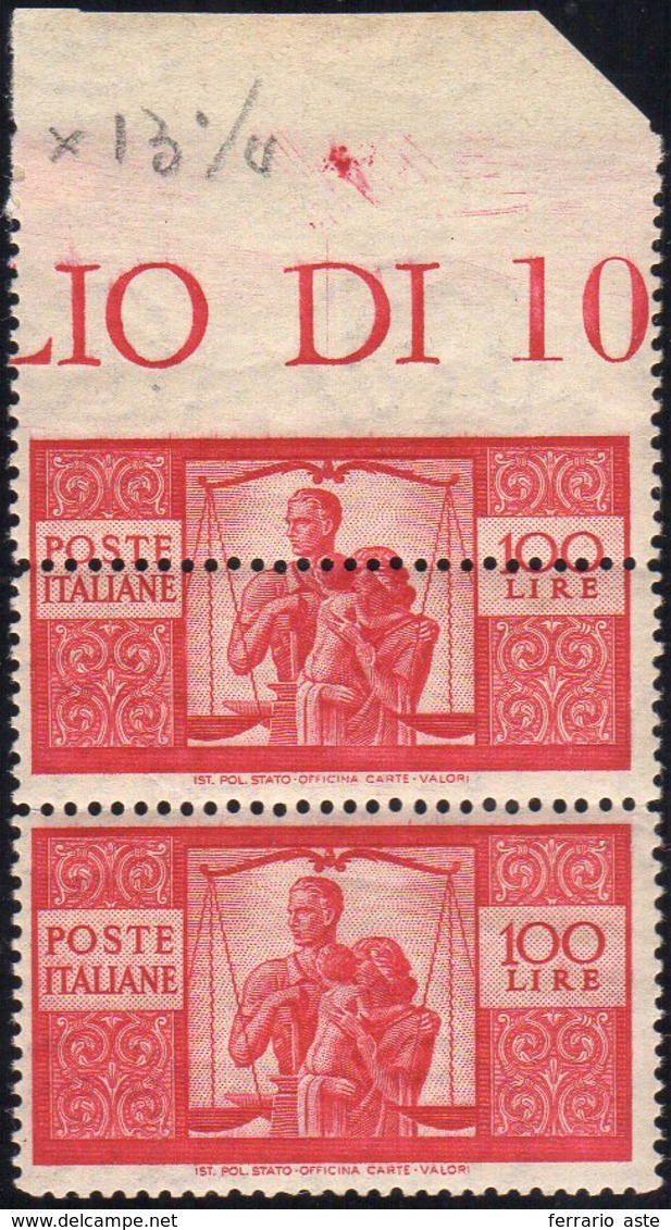 1946 - 100 Lire Carminio Vivo Democratica, Dentellatura Superiore Fortemente Spostata In Basso, In C... - Other & Unclassified