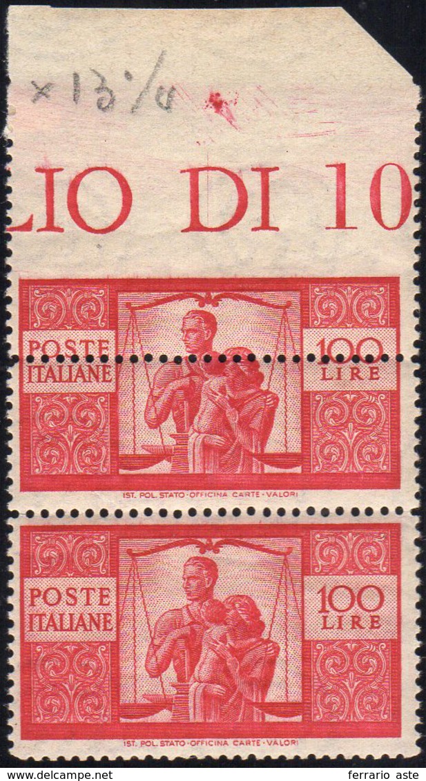 1946 - 100 Lire Carminio Vivo Democratica, Dentellatura Superiore Fortemente Spostata In Basso, In C... - Sonstige & Ohne Zuordnung