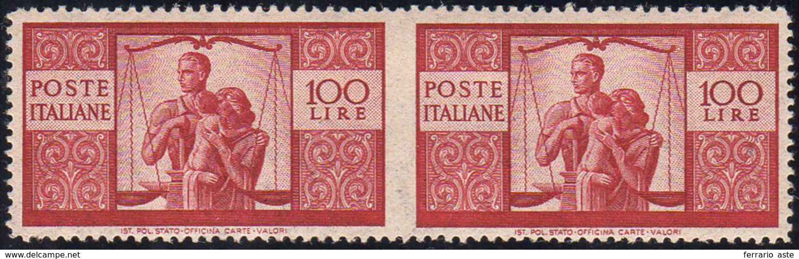 1946 - 100 Lire Carminio Scuro, Coppia Orizzontale Non Dentellata In Mezzo (565r), Nuova, Gomma Inte... - Sonstige & Ohne Zuordnung