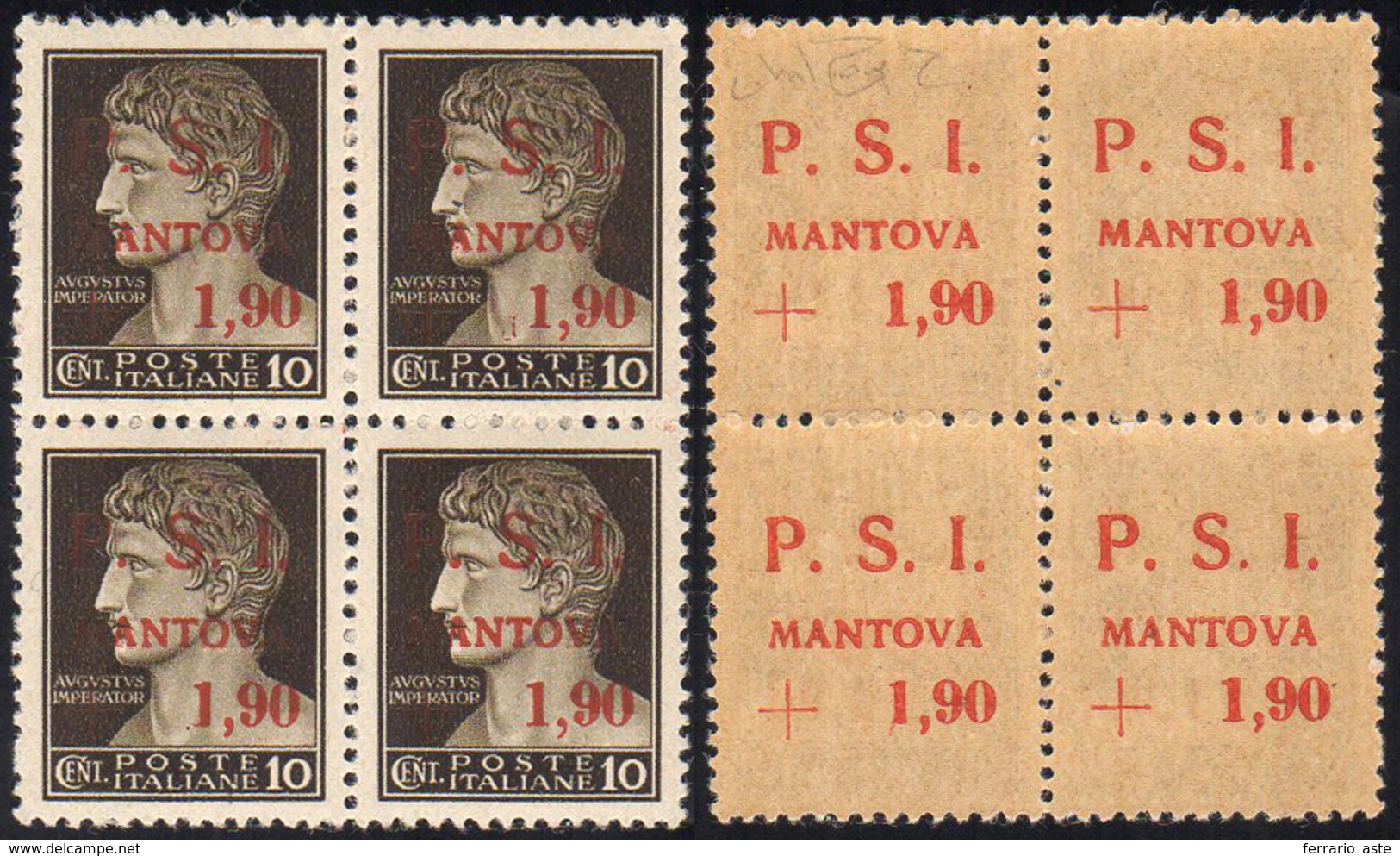 MANTOVA 1945 - 1,90  Su 10 Cent., Blocco Di Quattro Con Soprastampa Recto/verso (1aa), Perfetto, Gom... - Nationales Befreiungskomitee