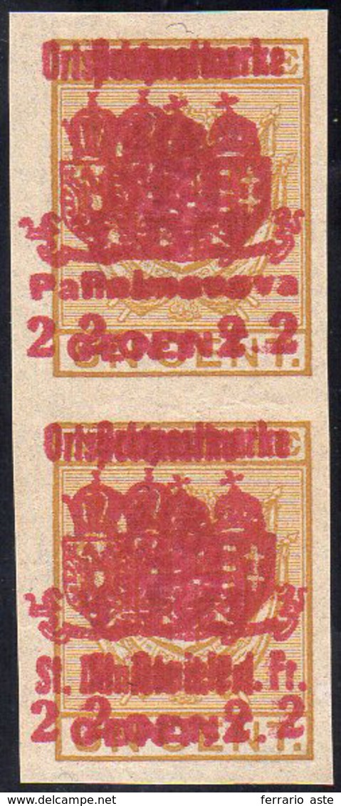 OCC. AUSTRIACA FRIULI 1918 - 2 Cent. Su 1 Cent., Coppia Verticale Con Doppia Soprastampa Di Due Loca... - Sonstige & Ohne Zuordnung