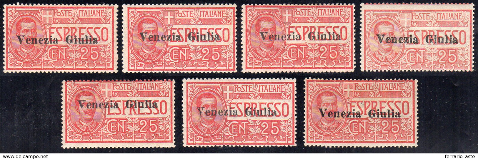 VENEZIA GIULIA ESPRESSI 1919 - 25 Cent. Rosso (1), 7 Esemplari, Gomma Originale, Perfetti.... - Other & Unclassified