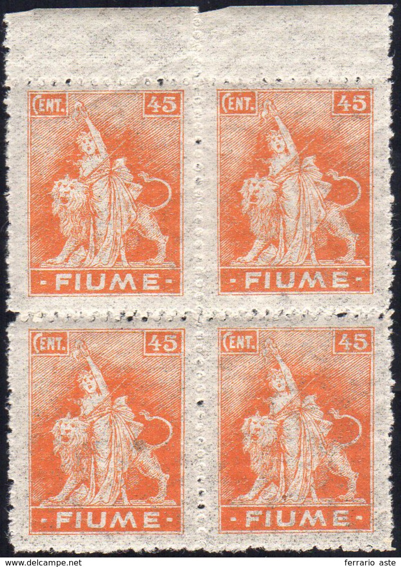 FIUME 1919 - 45 Cent. Allegorie, Carta B, Blocco Di Quattro Con Doppia Dentellatura Al Centro (B41lc... - Sonstige & Ohne Zuordnung