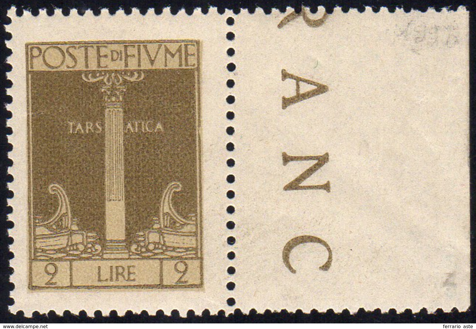 FIUME 1923 - 2 Lire Bistro Oliva, Colore Diverso (199A), Bordo Di Foglio, Gomma Integra, Perfetto. B... - Other & Unclassified