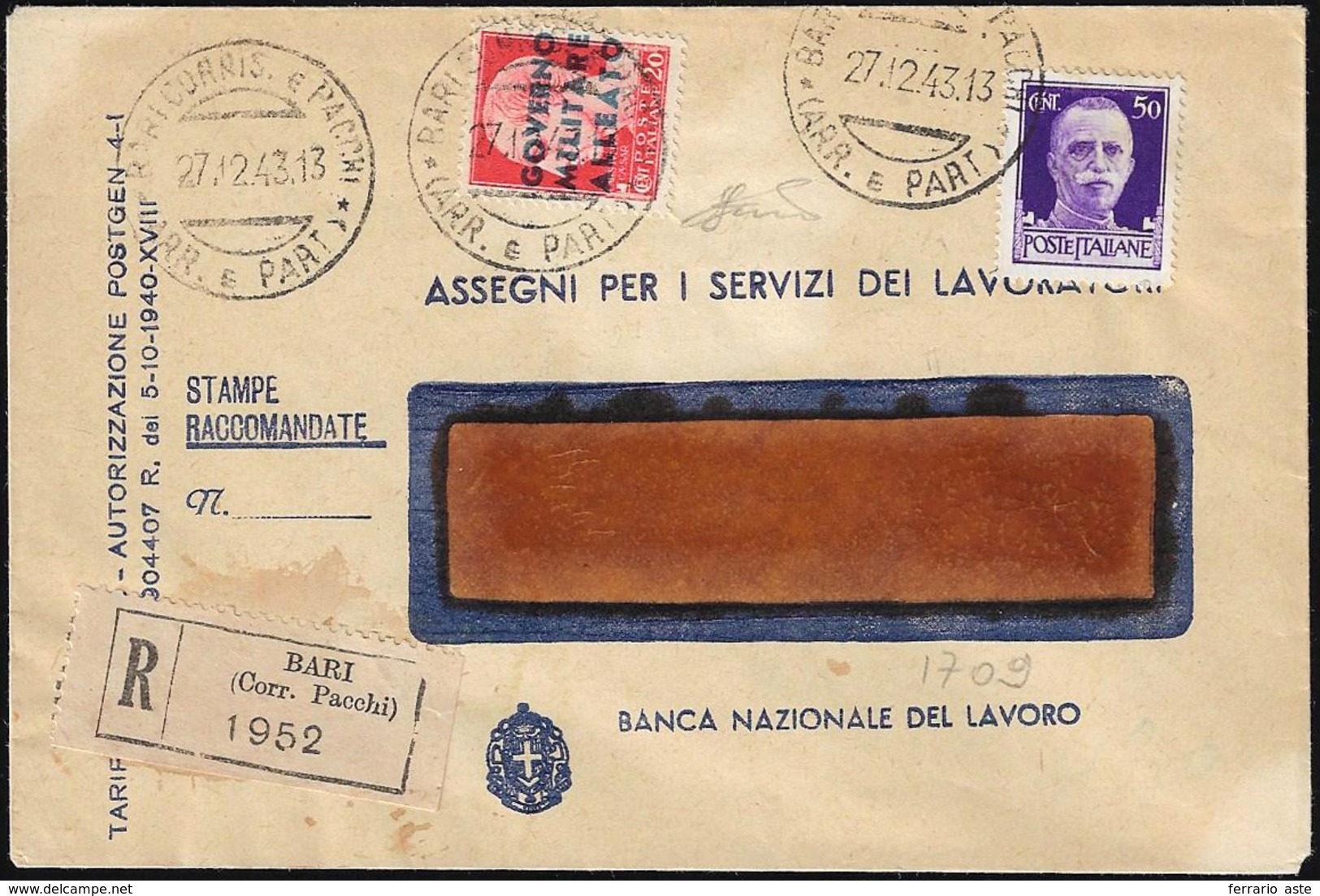 AMGOT NAPOLI 1943 - 20 Cent. Soprastampato, In Affrancatura Mista Con 50 Cent. Imperiale (10,251), P... - Sonstige & Ohne Zuordnung