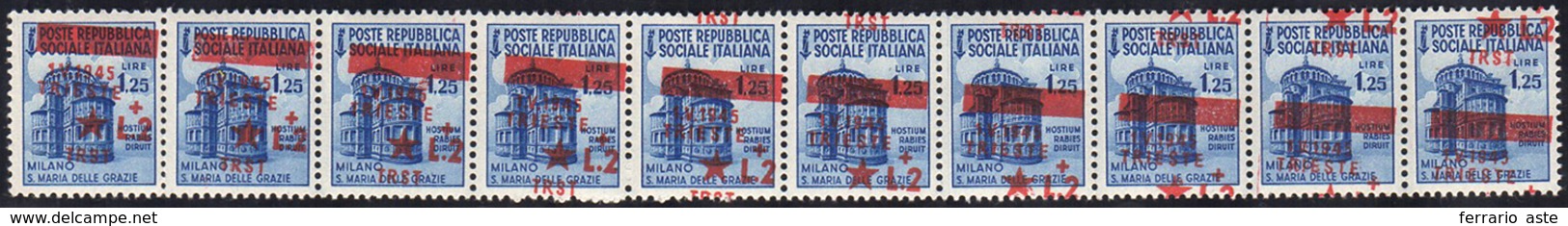 TRIESTE 1945 - 2 Lire Su 1,25 Lire, Soprastampa Obliqua (6i), Striscia Di Dieci Esemplari, Gomma Ori... - Sonstige & Ohne Zuordnung