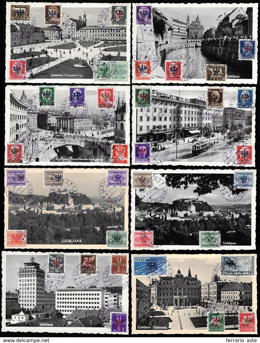 LUBIANA OCC. TEDESCA 1944 - Otto Cartoline Della Città Di Lubiana Con 37 Francobolli E "servizi" Sop... - Sonstige & Ohne Zuordnung