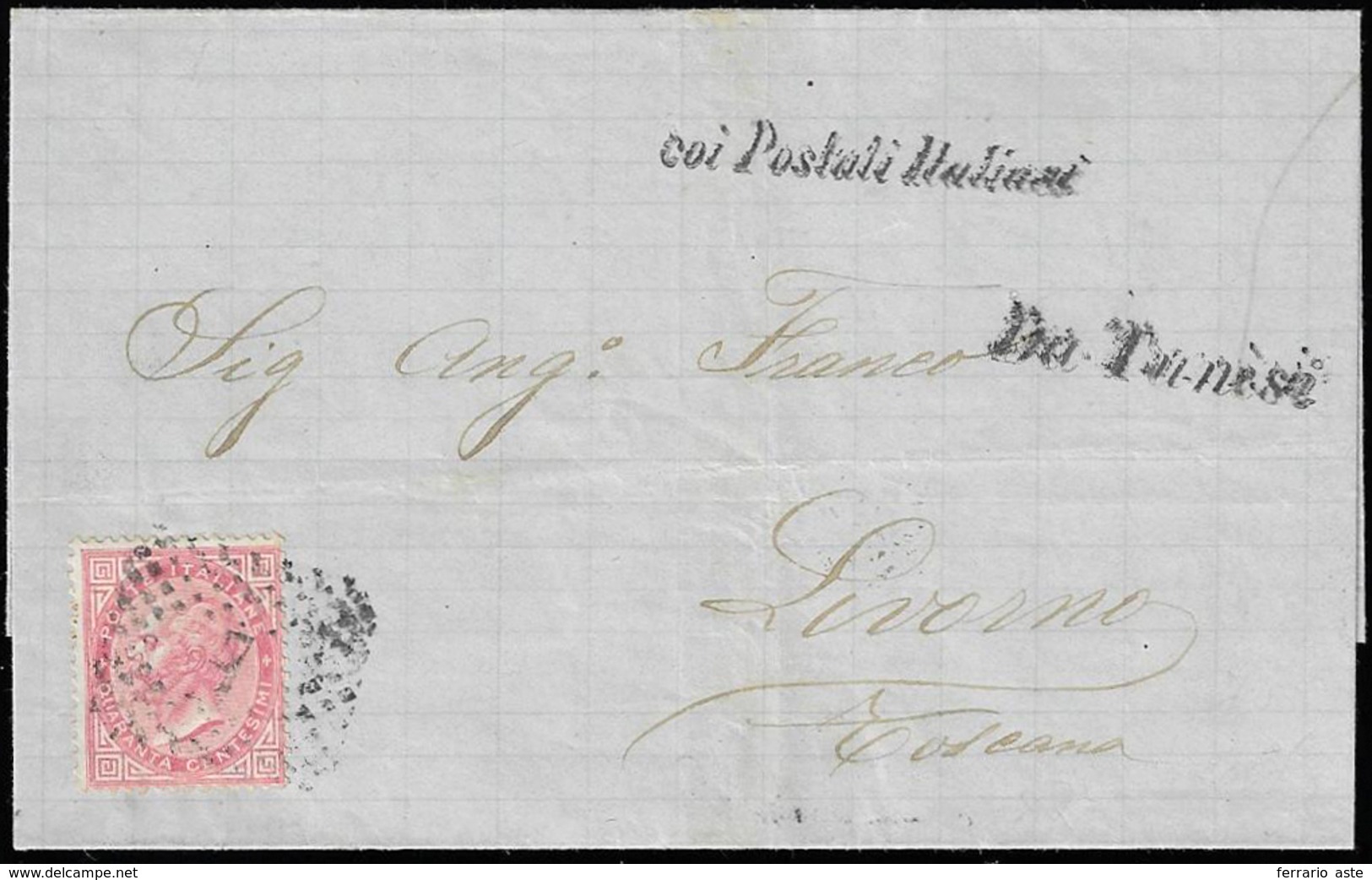 TUNISI 1872 - 40 Cent. De La Rue (Regno T20), Perfetto, Su Lettera Imbarcata Direttamente Sul Battel... - Sonstige & Ohne Zuordnung