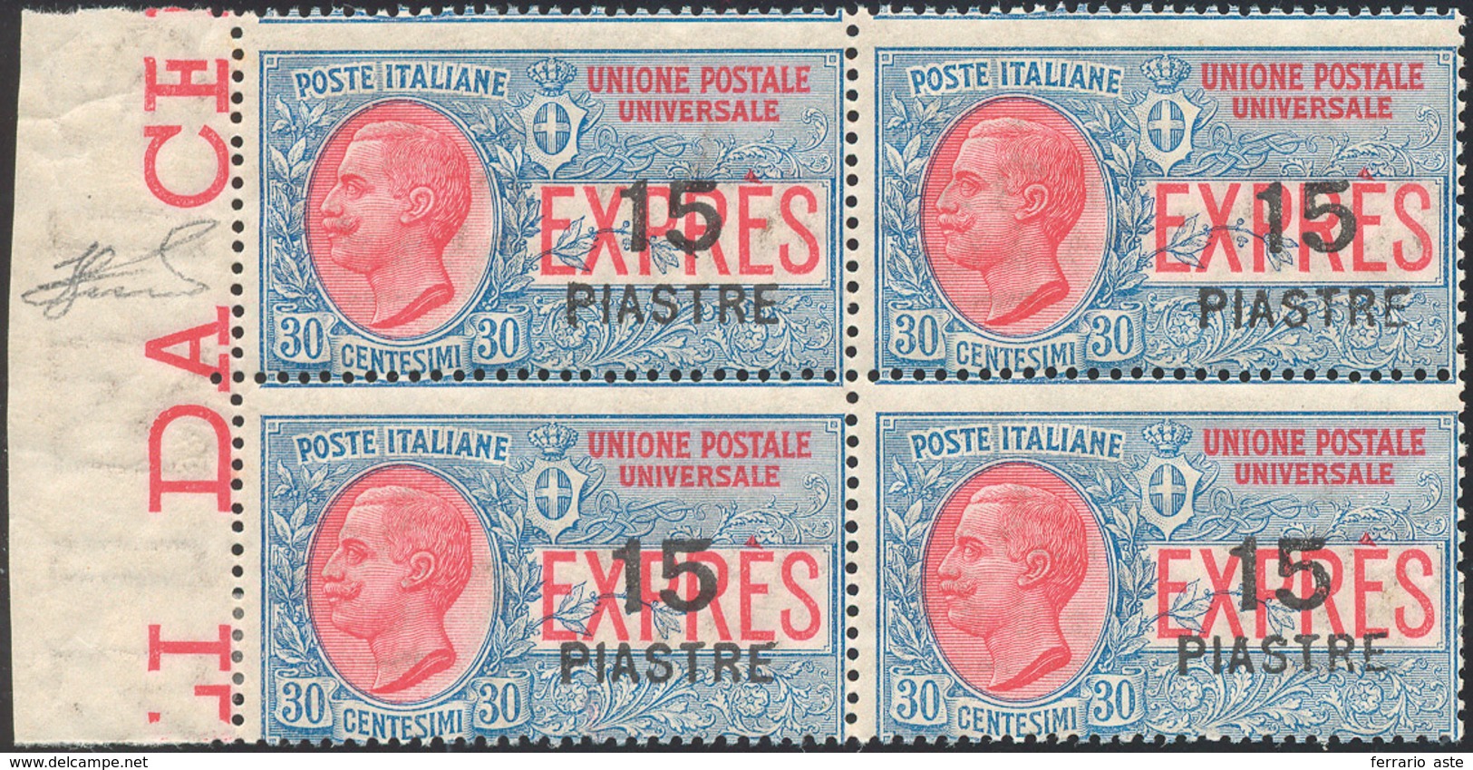 COSTANTINOPOLI ESPRESSI 1922 - 15 Pi. Su 30 Cent. Soprastampa Più Grande (2), Blocco Di Quattro, Gom... - Other & Unclassified
