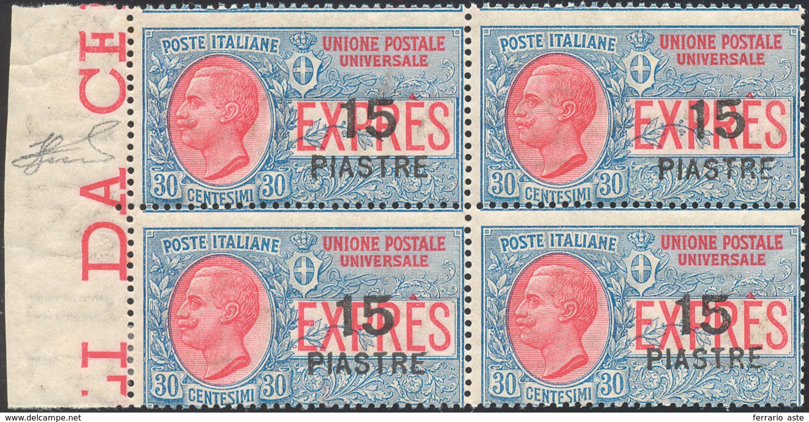 COSTANTINOPOLI ESPRESSI 1922 - 15 Pi. Su 30 Cent. Soprastampa Più Grande (2), Blocco Di Quattro, Gom... - Sonstige & Ohne Zuordnung