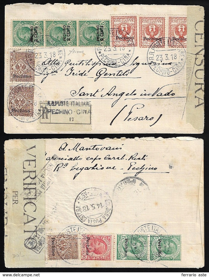 PECHINO 1918 - 2 Cent. Su 5 Cent., Striscia Di Tre, 1 Cent., Quattro Esemplari, 2 Cent., Tre Esempla... - Sonstige & Ohne Zuordnung