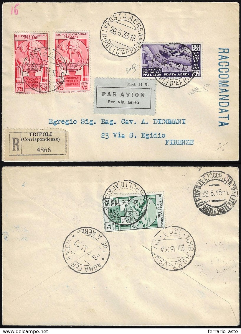 POSTA AEREA 1933 - 50 Lire Cinquantenario Eritreo Posta Aerea, 75 Cent., Coppia, E Al Verso 25 Cent.... - General Issues