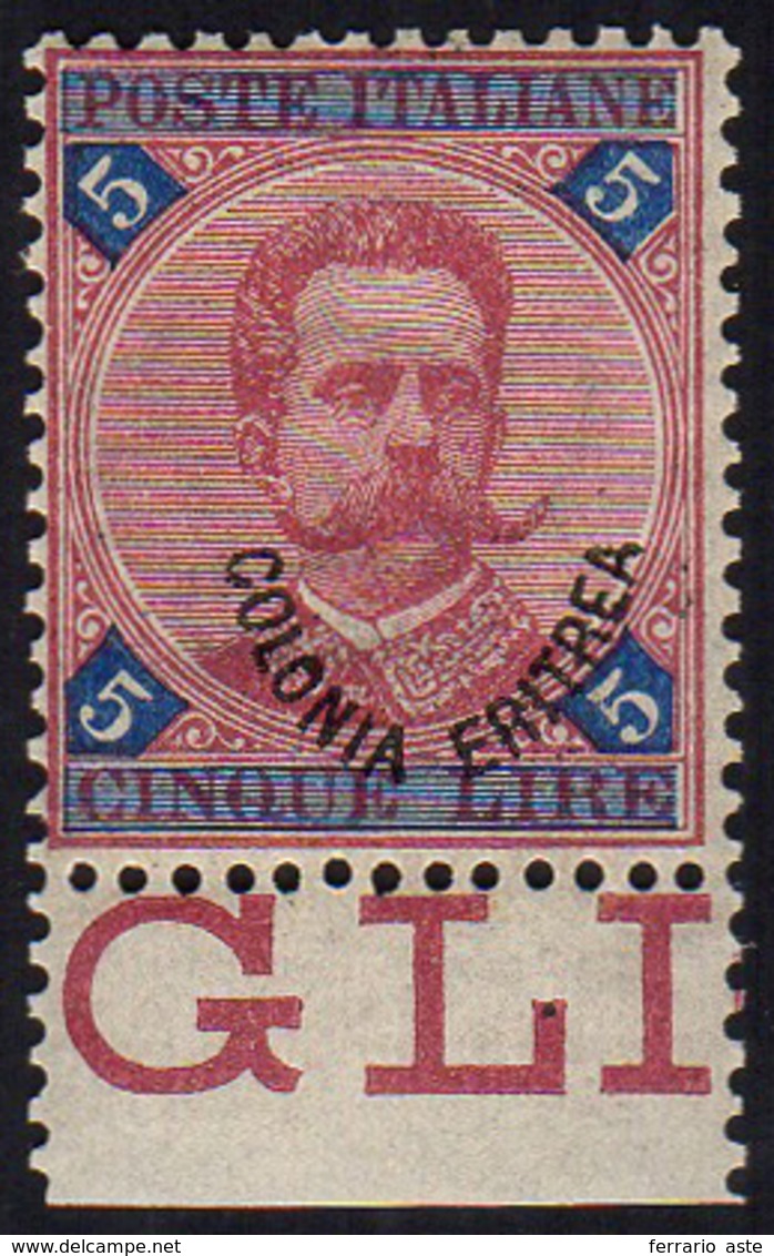 1893 - 5 Lire Umberto I, Soprastampa Spostata A Destra (11), Discreta Centratura, Gomma Integra, Per... - Eritrea