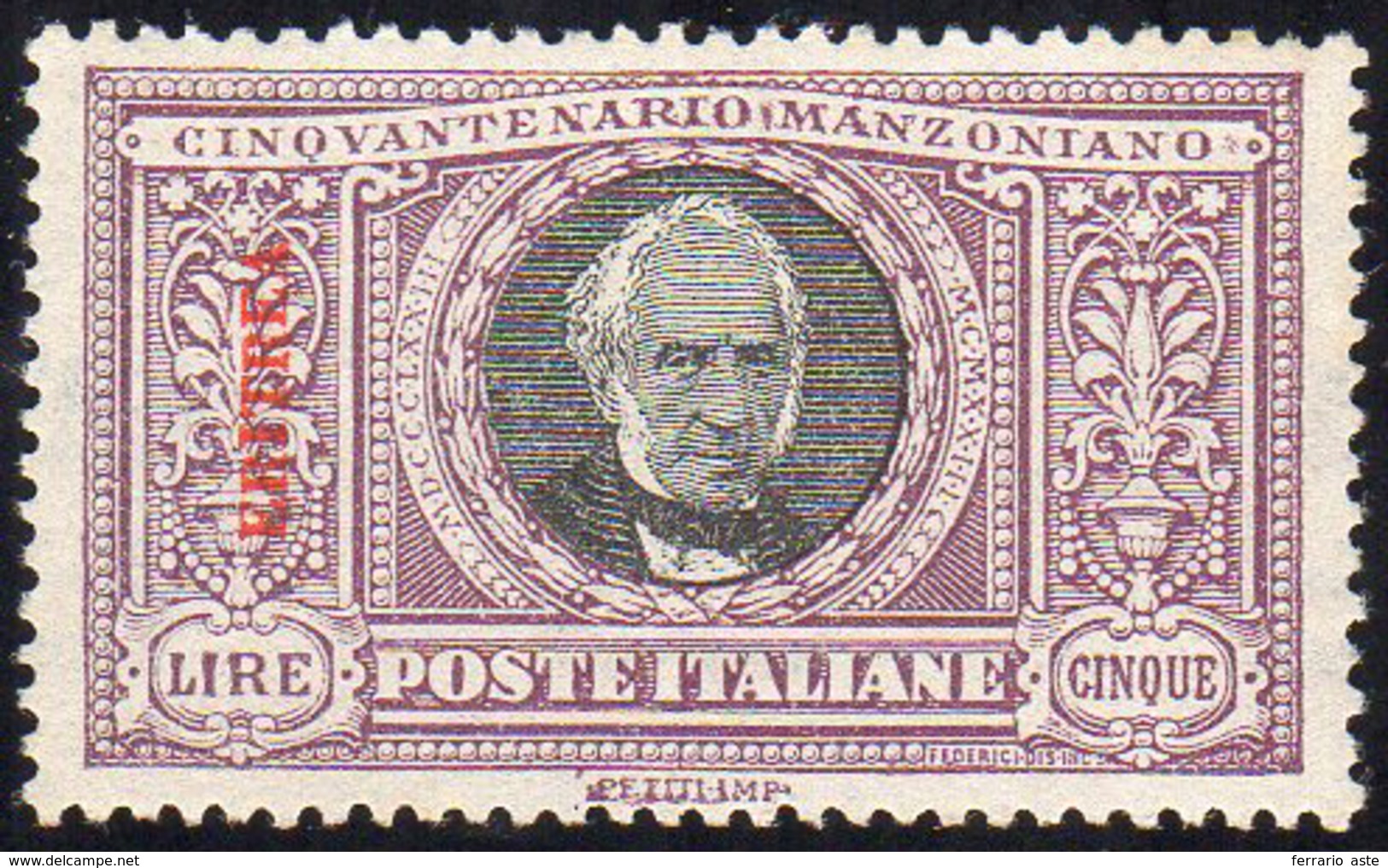 1924 - 5 Lire Manzoni (76), Ottima Centratura, Gomma Integra, Perfetto. Molto Bello! Cert. Bottacchi... - Eritrea