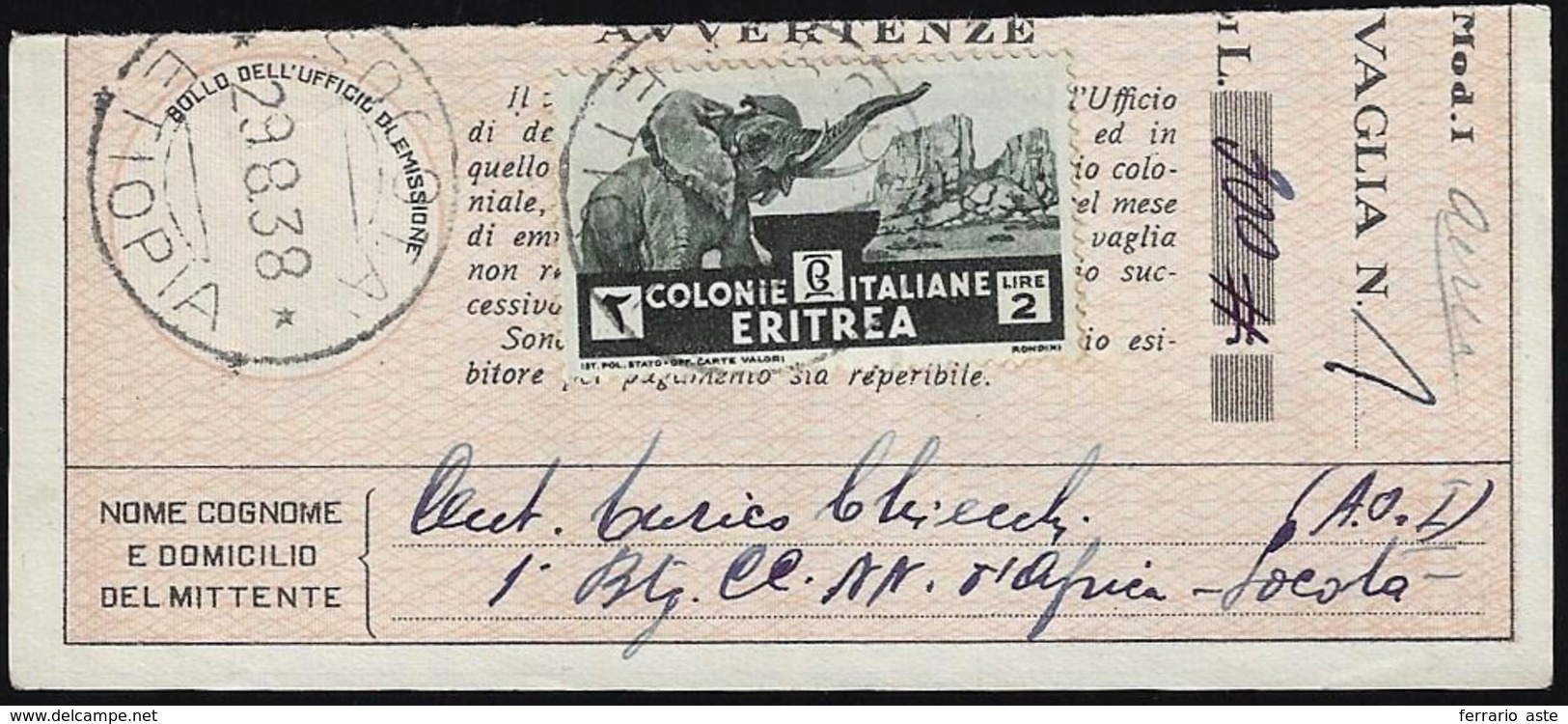 1938 - 2 Lire Soggetti Africani (210), Perfetto, Su Talloncino Vaglia Da Socotà 29/8/1938. Raro Annu... - Eritrea