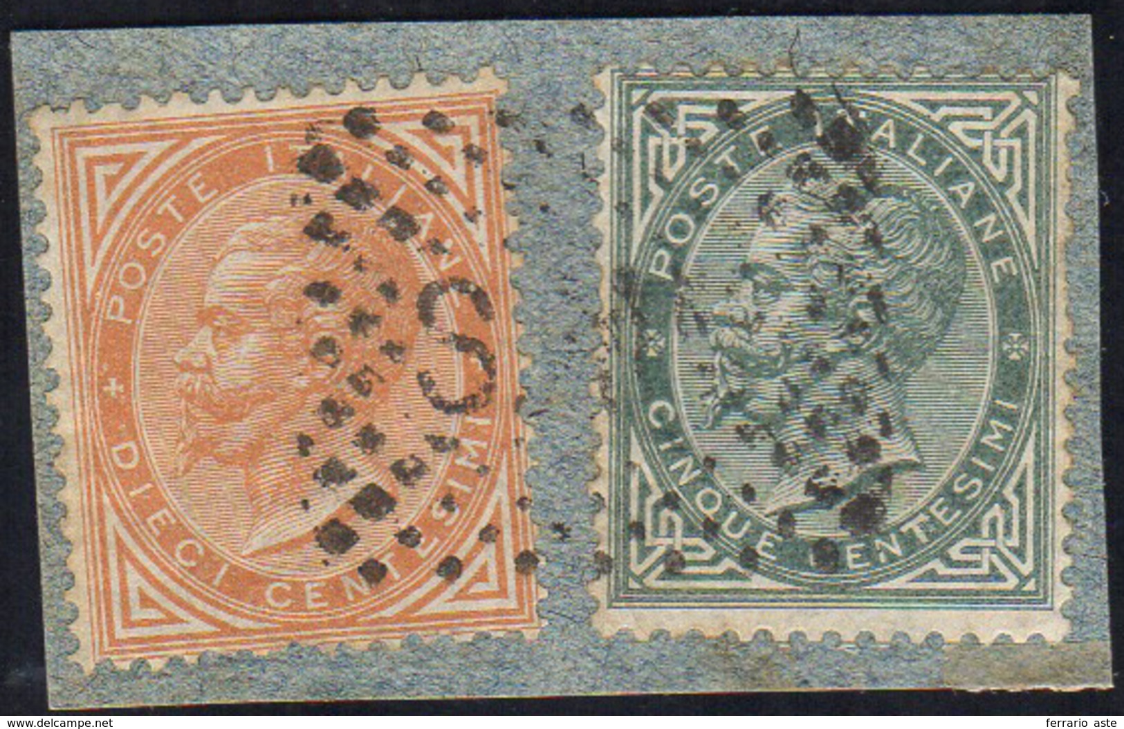 1863 - 5 E 10 Cent. De La Rue, Tiratura Di Torino (F3T,F4T), Perfetti, Usati Su Piccolo Frammento Co... - ...-1877 Vorphilatelie